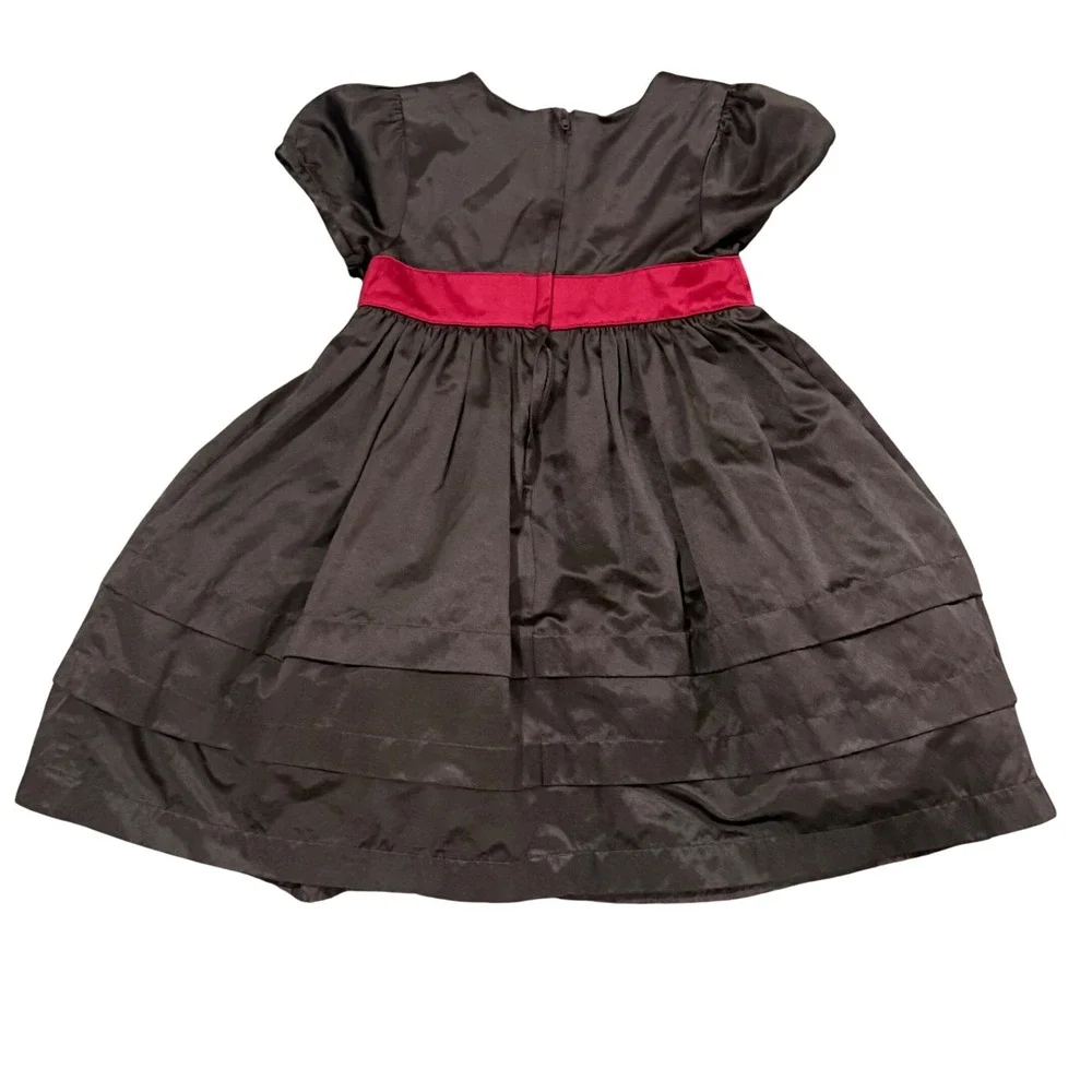 VTG Gymboree Girls Brown Taffeta Dress Red Rosette Sash Holiday Wedding Sz 3